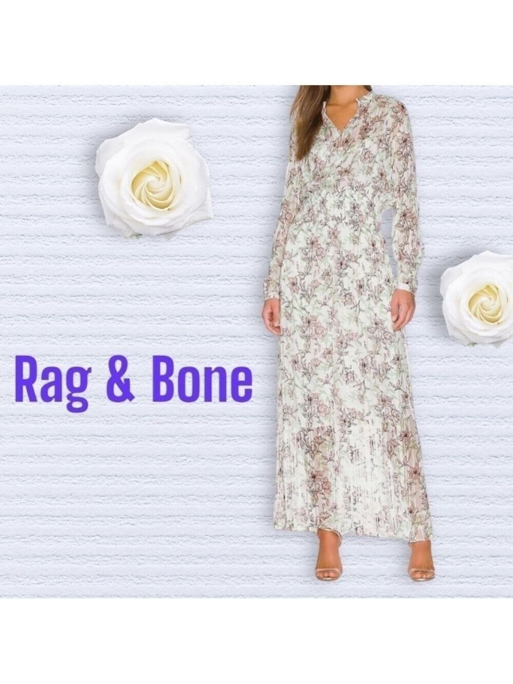 RAG & Bone Calista Long Sleeve Chiffon Maxi Boho Dress White Florals Fairy M